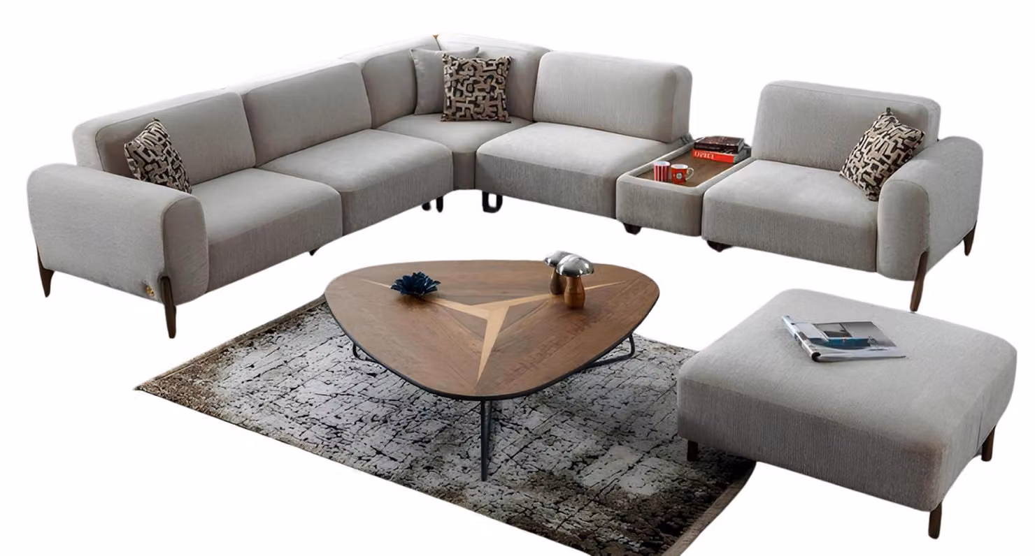 Luxus Ecksofa L-Form Garnitur Textil Sitz Wohnzimmer Pouffe Modern Möbel