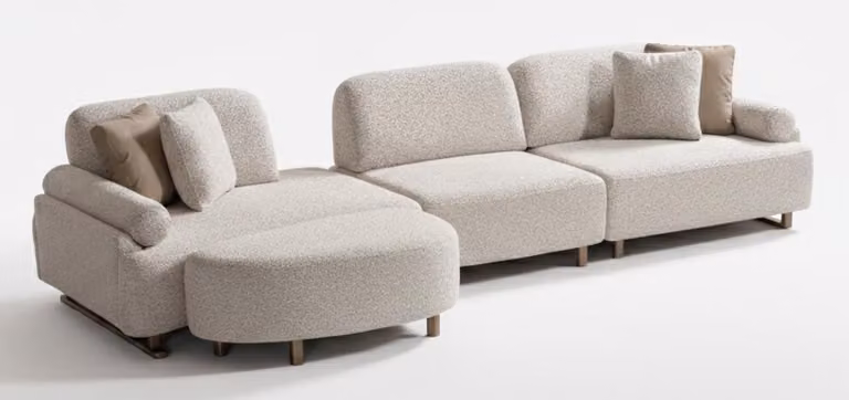Divano ad L bianco, moderno, di design, elegante e confortevole, in tessuto