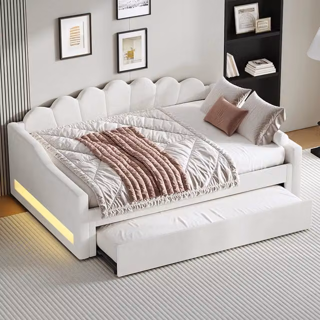 Letto imbottito - Xylo - 140x200cm LED + letto a scomparsa, beige