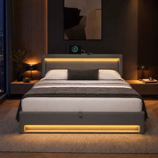 Letto imbottito 160x200 cm in PU grigio con USB; LED; contenitore e rete a doghe
