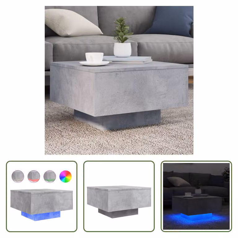 The Living Store Tavolino con luci LED grigio cemento 55x55x31 cm