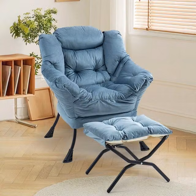 Poltrona Relax Minimal con Poggiapiedi Pieghevole e Taschino Laterale in Tessuto Blu