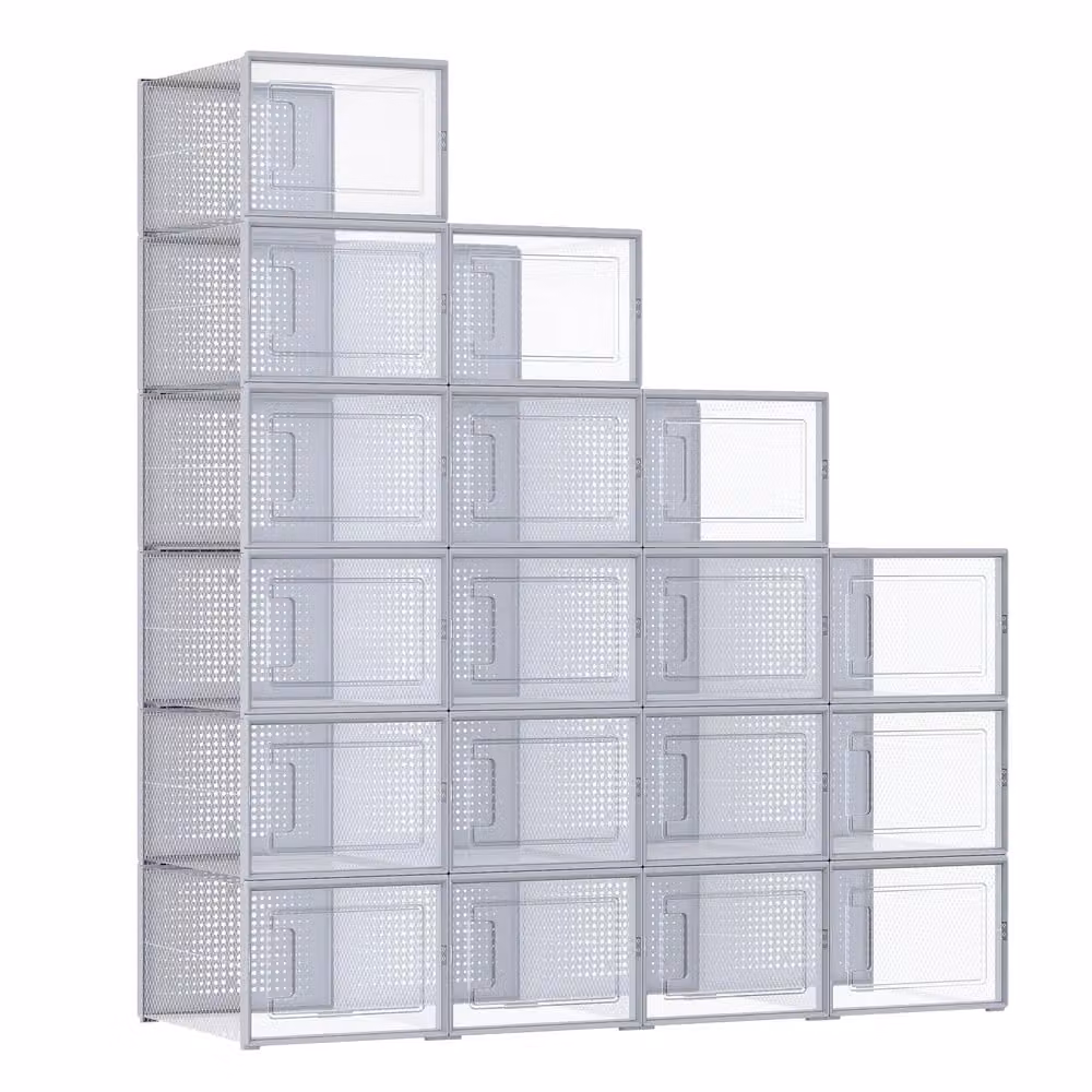 Pacco da 18 Scatole per Scarpe Contenitori per Scarpe, Trasparente + Grigio / L ( 35P x 25,2L x 19A cm )