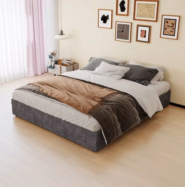 Letto matrimoniale 160x200 cm grigio con contenitore a pistoni, tessuto e metallo, con materasso