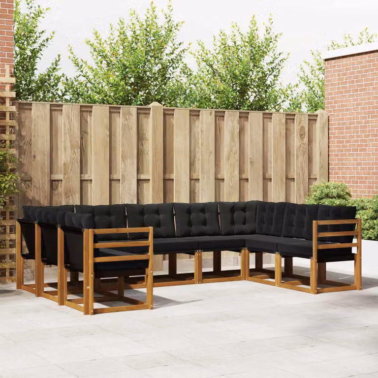 Set di divani da esterno vidaXL a forma di L in legno di acacia con cuscini, colore marrone e nero
