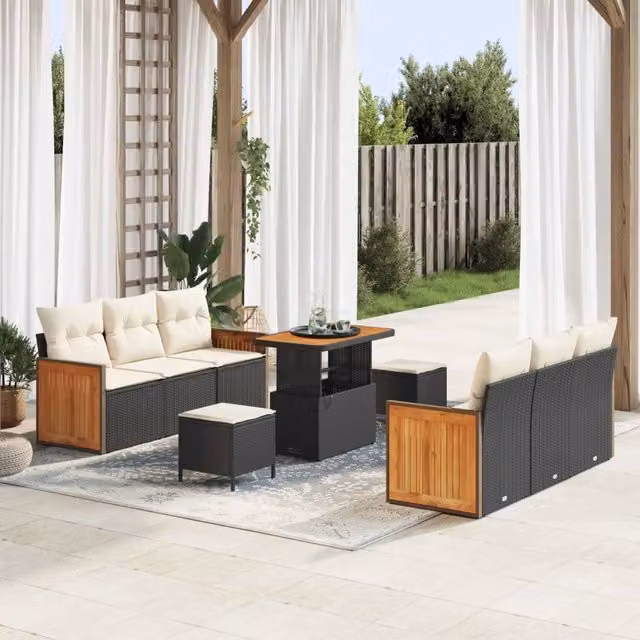 Set Divano da Giardino 9 pz 8-Numero di posti Nero e Crema 3363130