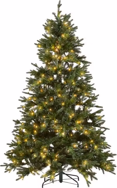 Albero di Natale artificiale Beliani verde con rami innevati e lucine LED bianco caldo, Altezza: 210 cm