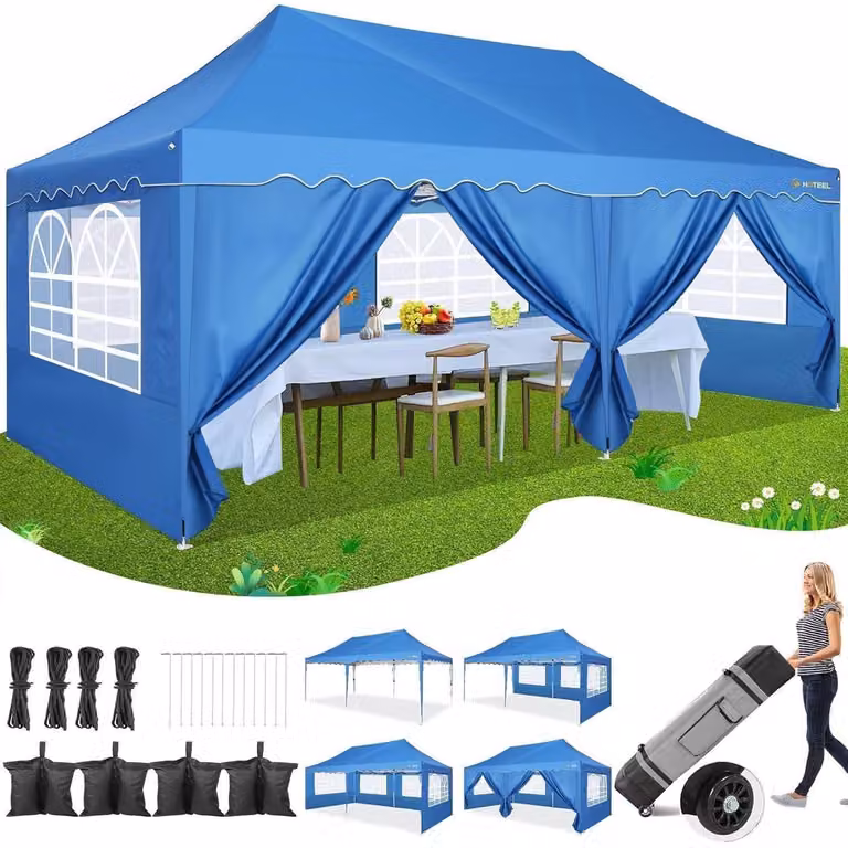Gazebo da esterno 3x6 metri, impermeabile, con protezione UV 50+, colore blu, dotato di 6 pareti laterali e borsa per il trasporto