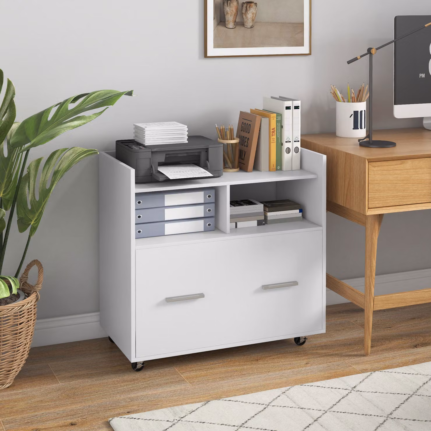 Mobile Archivio Laterale HOMCOM con Ruote, Ripiano Aperto e Cassetto Ampio, Bianco – 2