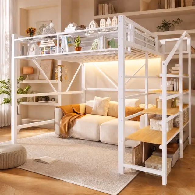 Letto a soppalco moderno in metallo e MDF con scala a ripiani e illuminazione LED, bianco, L/P/H: 200 x 140 x 170 cm
