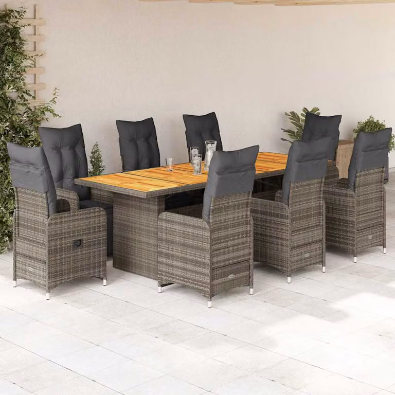 Set Bistrò da Giardino vidaXL in Polyrattan e Legno di Acacia Grigio con 9 Pezzi e Cuscini