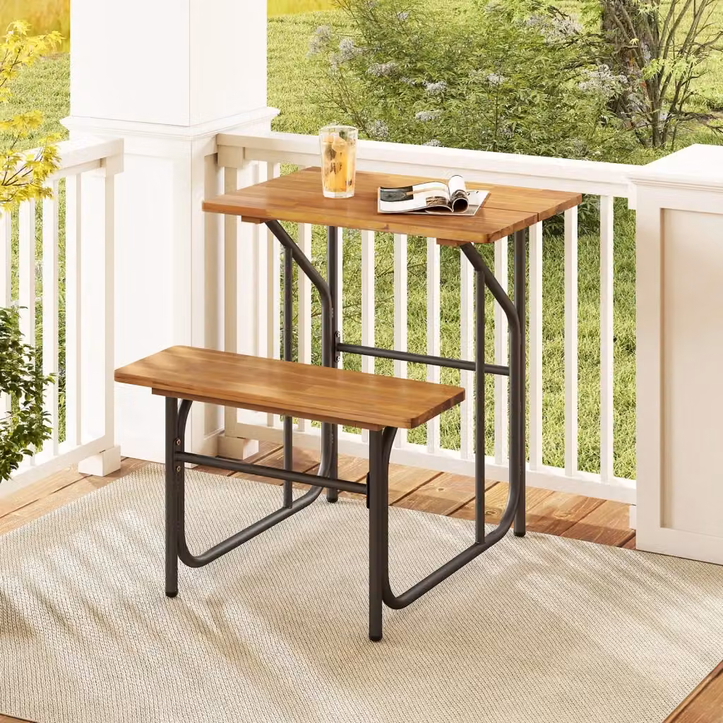 Set tavolo e panca da esterno in legno di acacia e metallo stile industrial, ideale per giardino, balcone o terrazzo, colore marrone e nero – 2