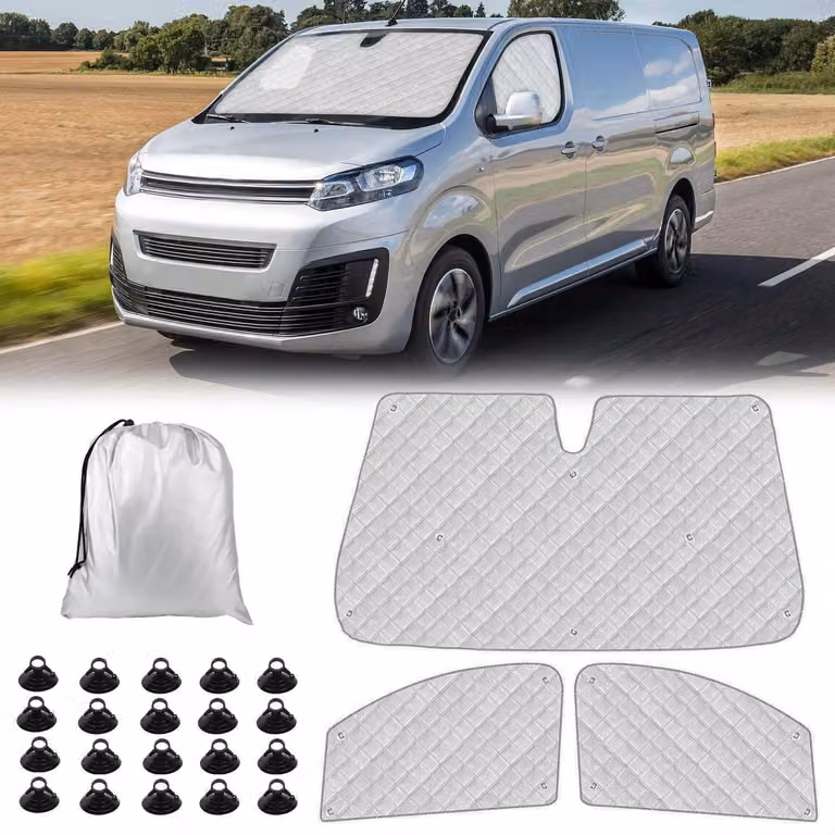 Tappetini termici in 3 pezzi per Citroen Jumpy dal 2016 al 2026, Opel Vivaro dal 2019 al 2024, realizzati in lamina di alluminio pieghevole, per proteggere parabrezza e finestrini laterali dal sole