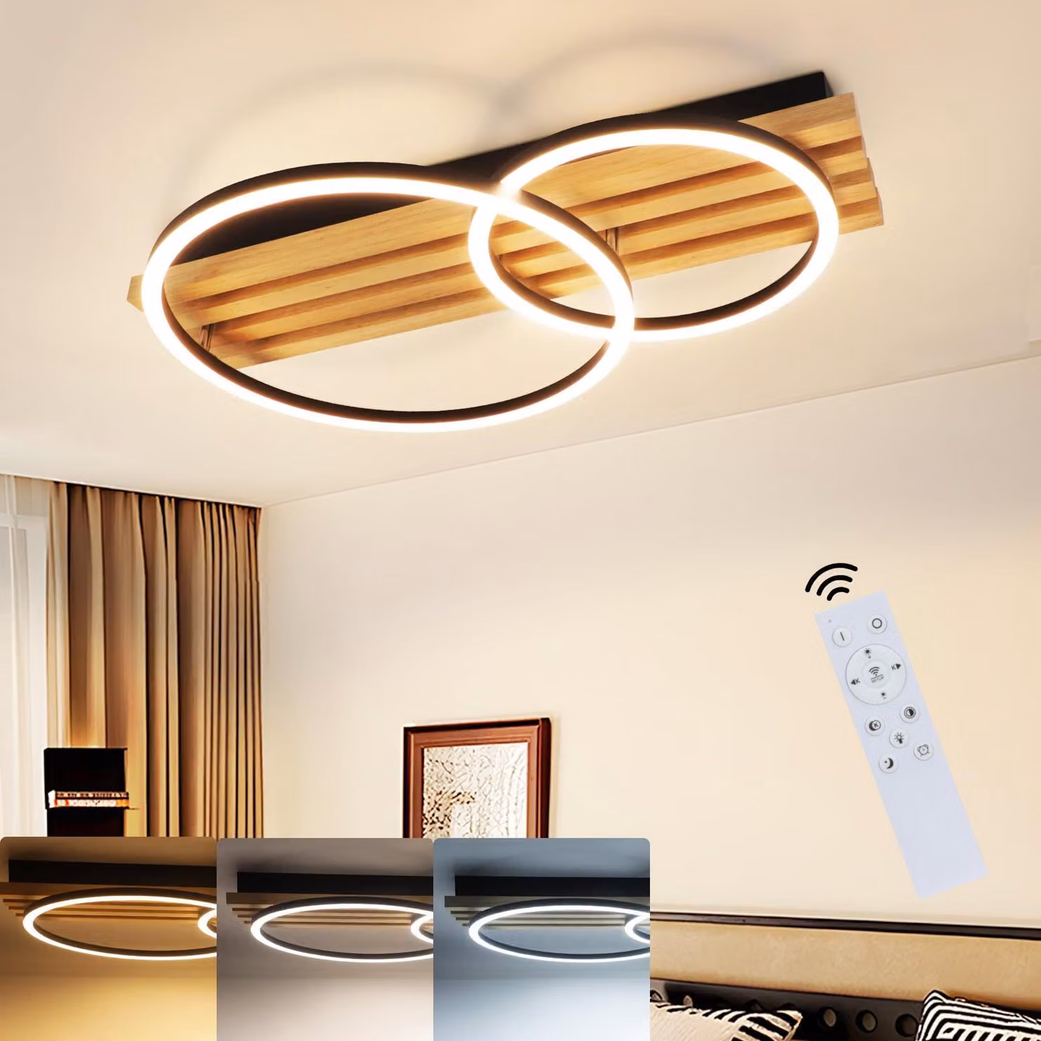 ZMH Lampada da soffitto a LED Plafoniera in legno dimmerabile con telecomando 2 anelli 36W 55CM Lampada da camera da letto Plafoniera moderna Lampada da soggiorno geometrica