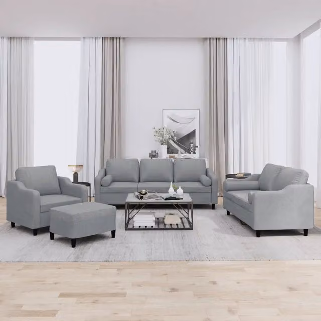 Set di Divani Moderno vidaXL in Tessuto Grigio con Ottoman e Cuscini per Soggiorno – 1