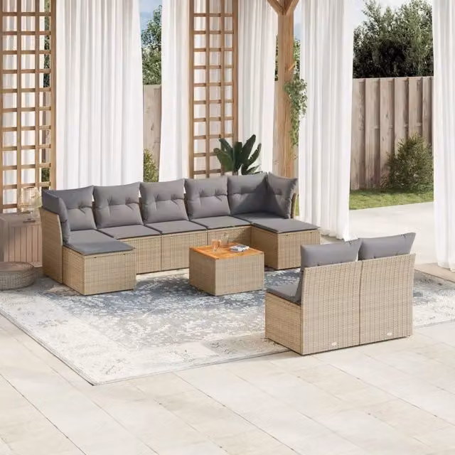 Set Divano da Giardino a Forma di U vidaXL in Polyrattan con Cuscini Beige e Grigio e Tavolino da Esterno – 1