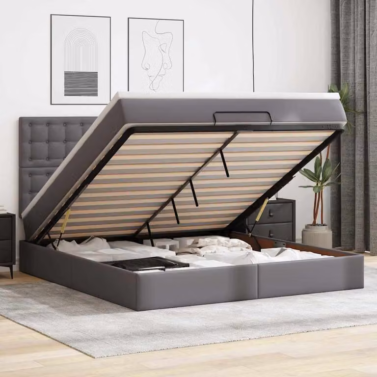 vidaXL Struttura Letto con Materasso e Contenitore a Sollevamento, Rivestimento in Similpelle Grigia e Bianca, L: 180 cm, P: 200 cm, H: 280 cm