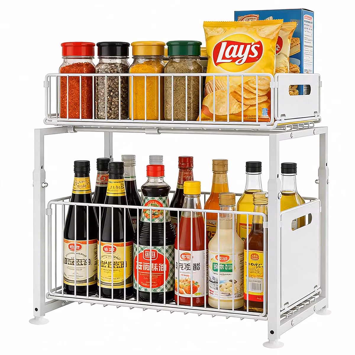 Ripiani da cucina per mobili base, organizer da cucina in metallo a 2 livelli, ripiano portaoggetti sotto il lavello per cucina, bagno e dispensa