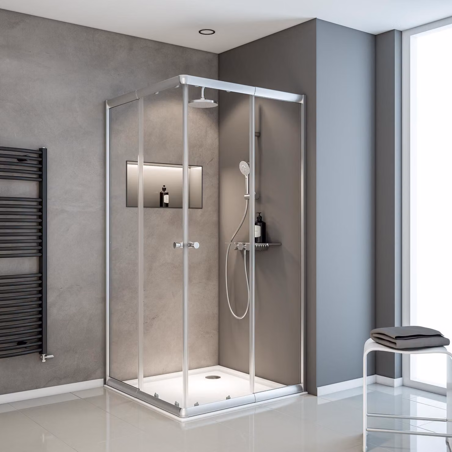 Schulte Sunny cabina doccia angolare con porte scorrevoli, variabile da 75 a 90 cm, 180 cm, montaggio su piatto doccia o piastrelle, colore profilo argento, vetro di sicurezza 4 mm (ESG) chiaro