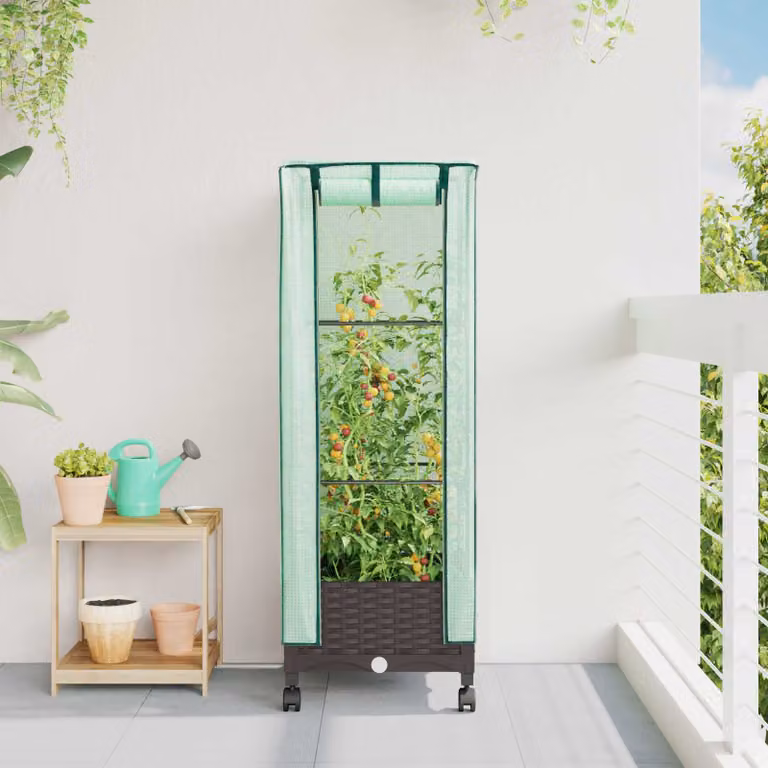 vidaXL Vaso da Giardino con Copertura per Serra e Ruote, Marrone e Verde, in Plastica