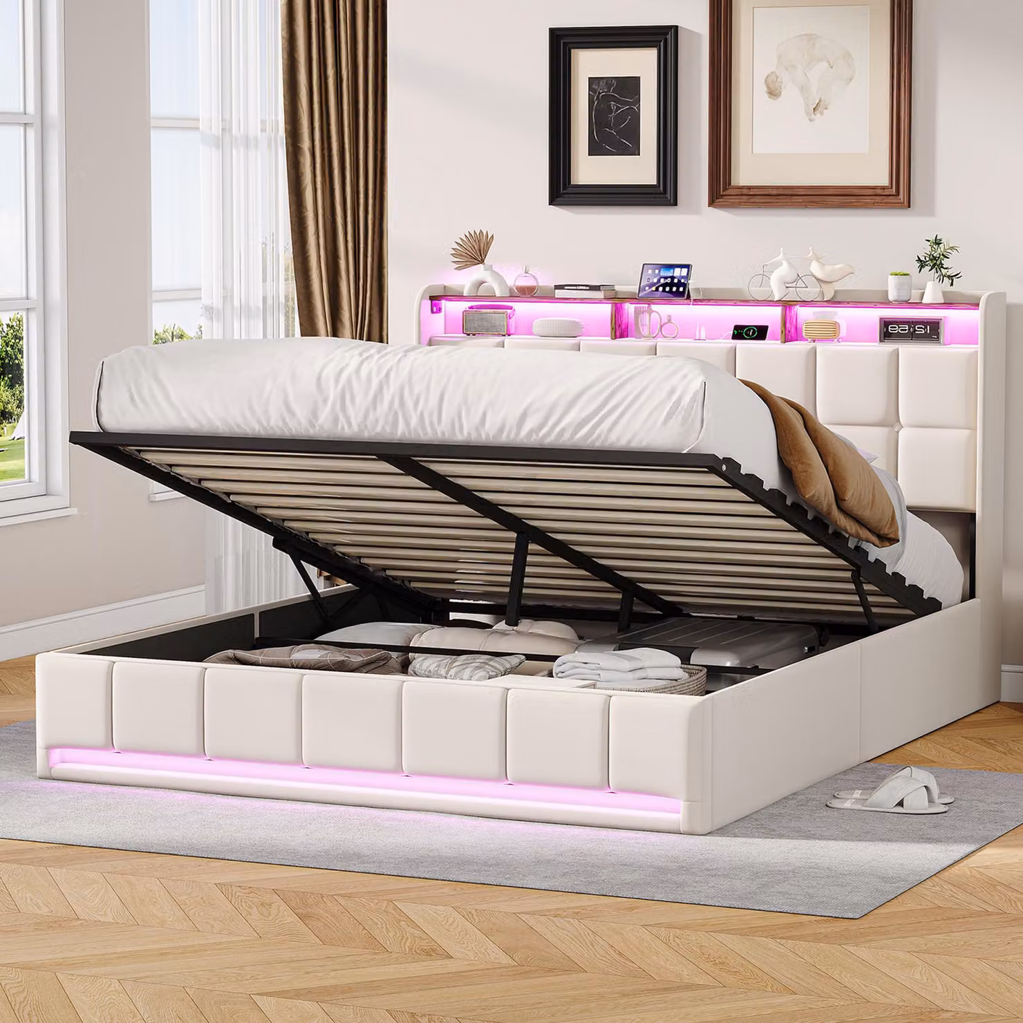 Letto imbottito Moonbite 140x190 cm, color beige, rivestito in lino – Modello Studio-Denkmal, con sistema di sollevamento idraulico e testiera a tema biblioteca