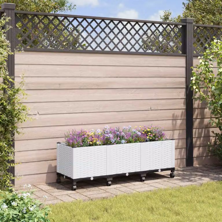vidaXL Vaso da Giardino con Ruote in Plastica Bianco L: 120 cm, P: 40 cm, H: 44 cm