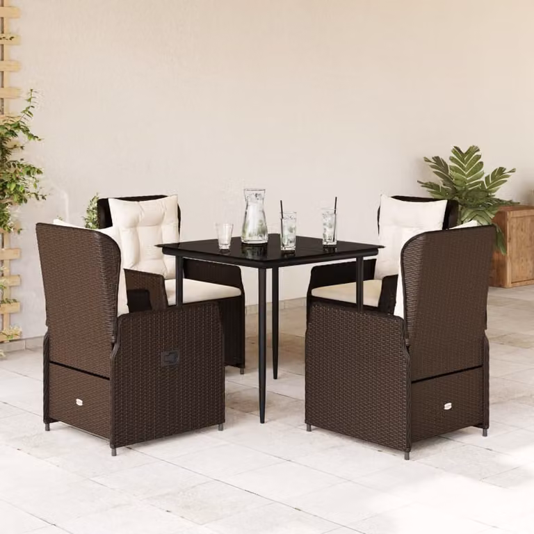 Set da Pranzo da Giardino vidaXL in Polyrattan Marrone con Cuscini e Tavolo in Vetro 5 Pezzi