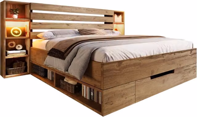 Letto matrimoniale 160x200 cm con LED; USB-C; cassetti e ripiani in MDF; metallo e legno massello; rovere