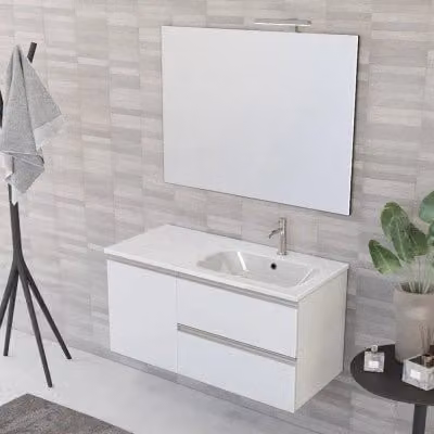 Mobile bagno sospeso Inbagno Master bianco opaco con lavabo a destra, cassetti, anta e specchio con illuminazione LED, L: 100 cm, P: 45 cm, H: 50 cm