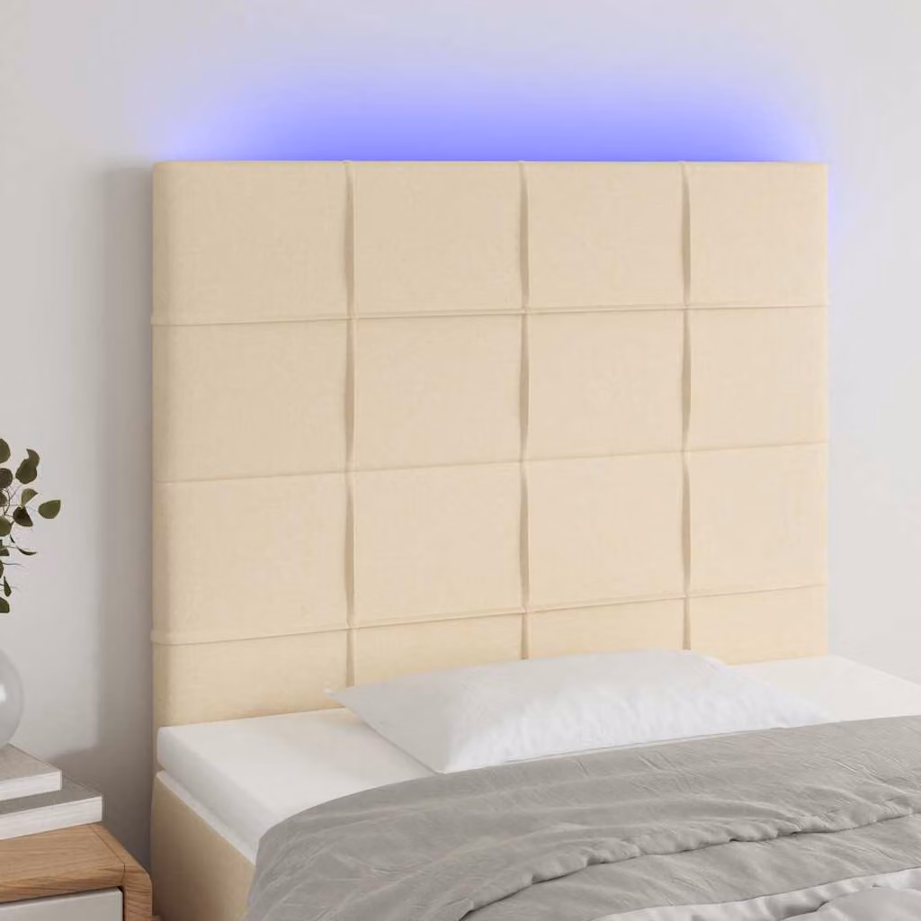 Testiera con LED e porte USB vidaXL in tessuto beige con struttura in legno, L: 100 cm, P: 5 cm, H: 118/128 cm