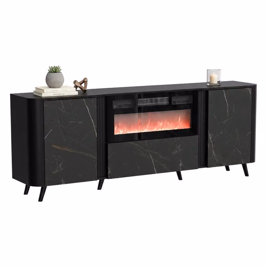 Madia da salotto DMORA Credenza Briano con camino elettrico, finitura marmo e nero, L: 191 cm, P: 40 cm, H: 69 cm – 2