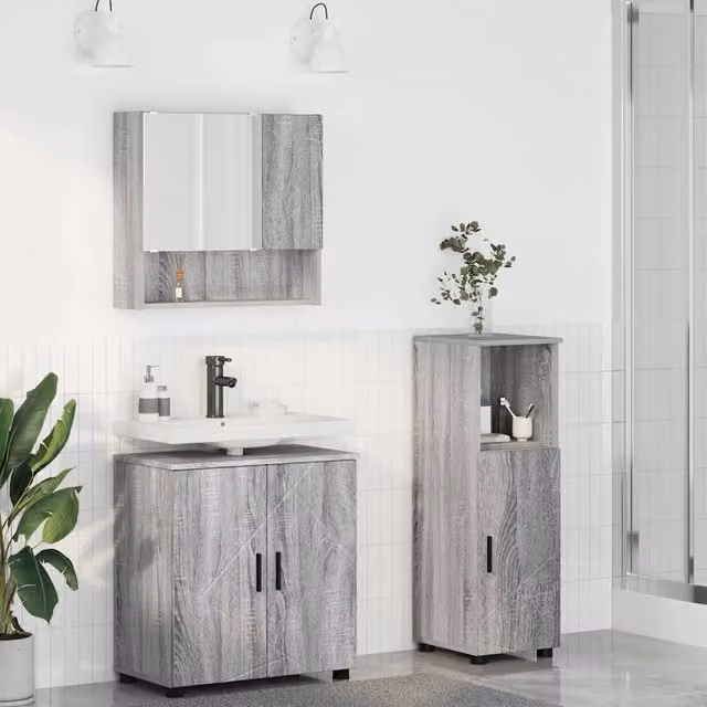 Set di mobili per il bagno moderno vidaXL composto da mobile sottolavabo, armadietto con specchio e colonna, colore grigio e nero, L/P/H: 61 x 35 x 64 cm