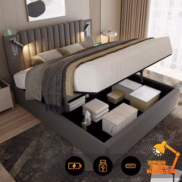 Letto Contenitore REDOM in Cotone Grigio o Beige con Luce da Lettura e Porta USB L/P: 180 x 200 cm