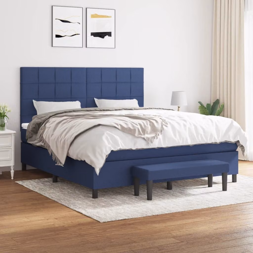 vidaXL Giroletto Ibrido con Materasso in Tessuto Blu e Bianco L/P: 160 x 200 cm – 1