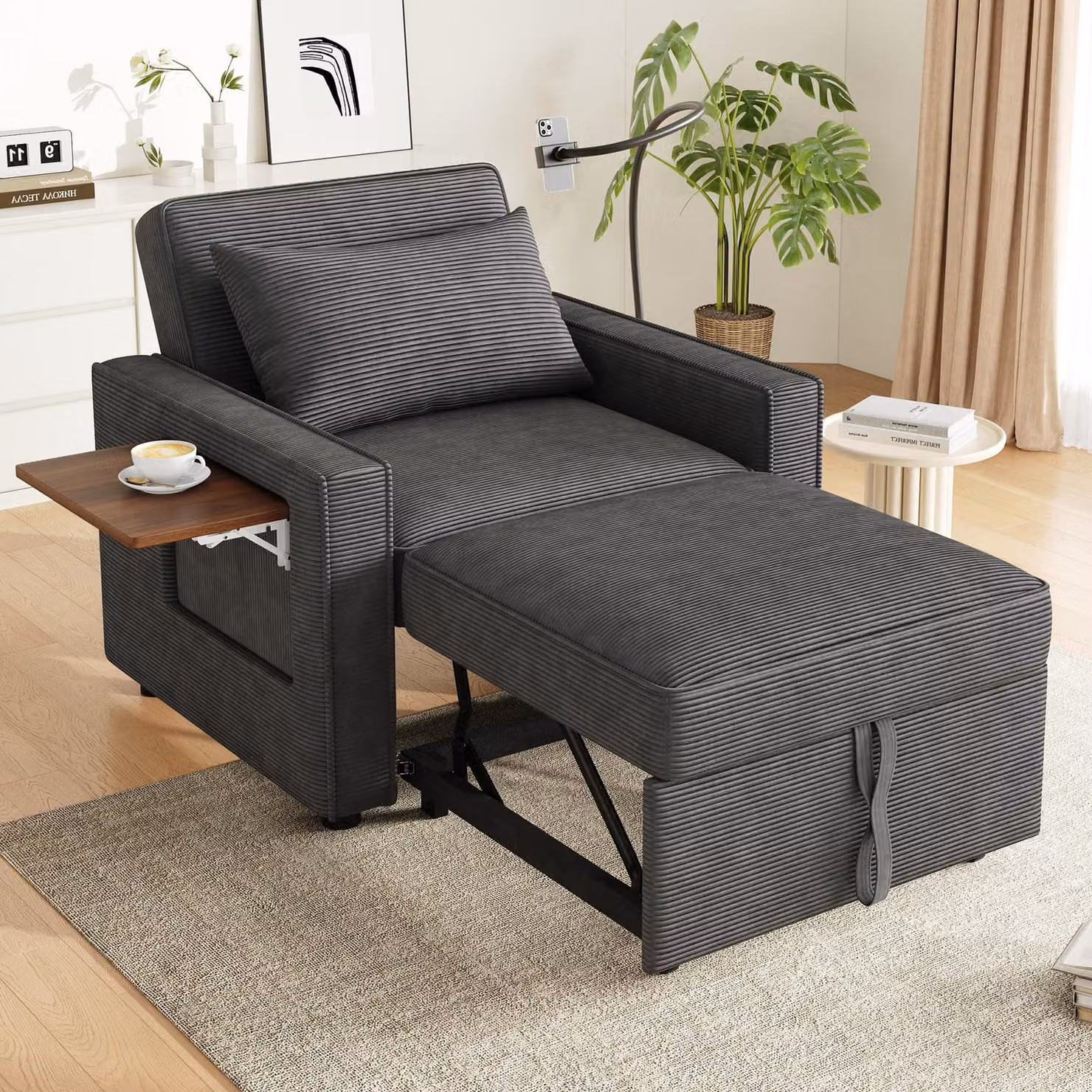 Merax Divano letto a 1 posto con funzione sleep, USB, Type-C, porta cellulare, tavolino, schienale regolabile, letto pieghevole, velluto a coste, grigio