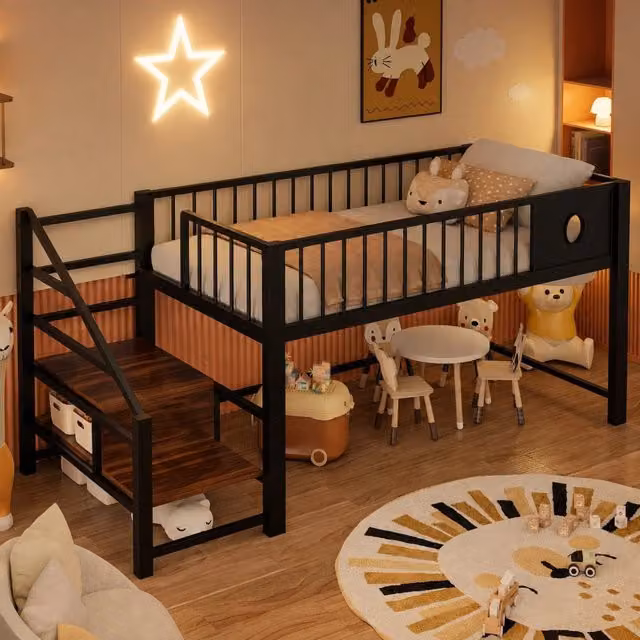 Letto a castello basso 90x200 cm nero in metallo e MDF con scala contenitore