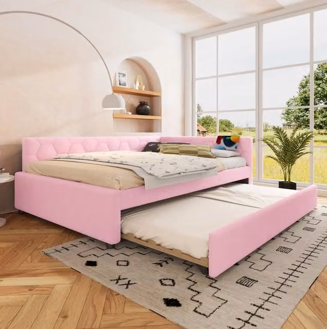 Letto 140x200 cm con letto estraibile; USB e Type-C in velluto rosa