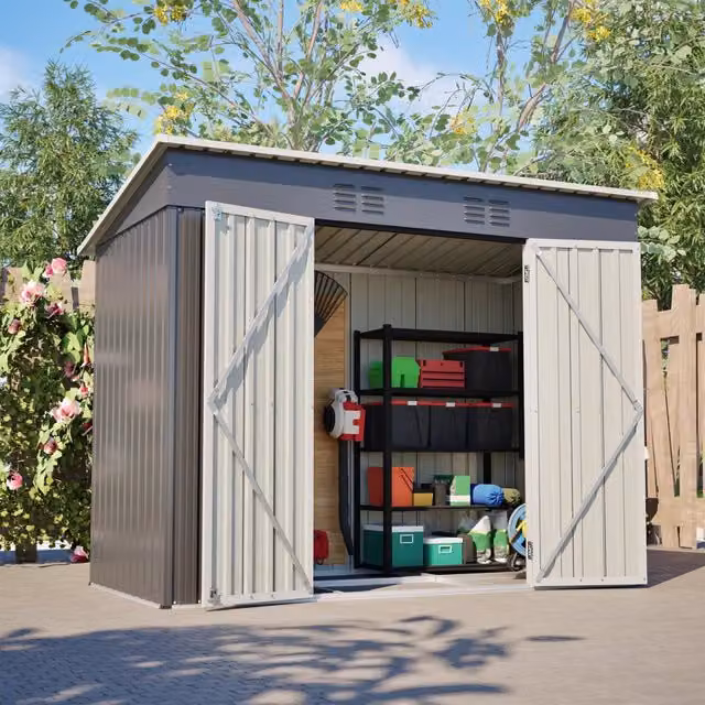 Casetta da giardino con porta con serratura e 2 griglie di aerazione in acciaio zincato grigio 242 × 126 × 182 cm