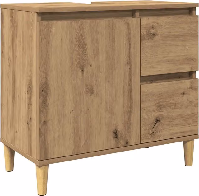 Mobiletto lavabo moderno HELLOSHOP26 in rovere marrone con ante a battente e cassetti interni, sospeso, L: 65 cm, P: 33 cm, H: 60 cm