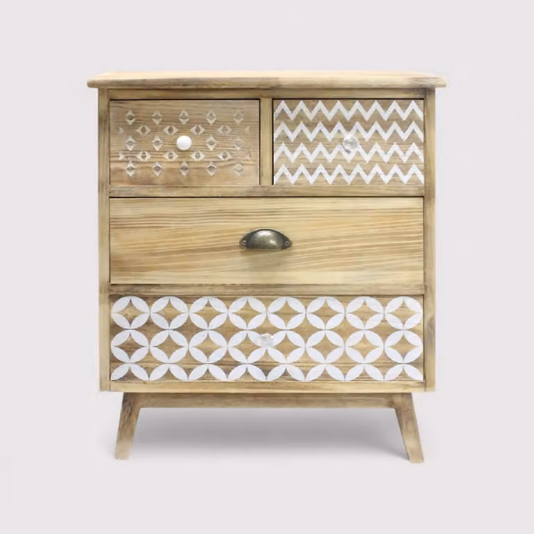 Feijoa - Mobile basso in stile boho chic con 4 cassetti