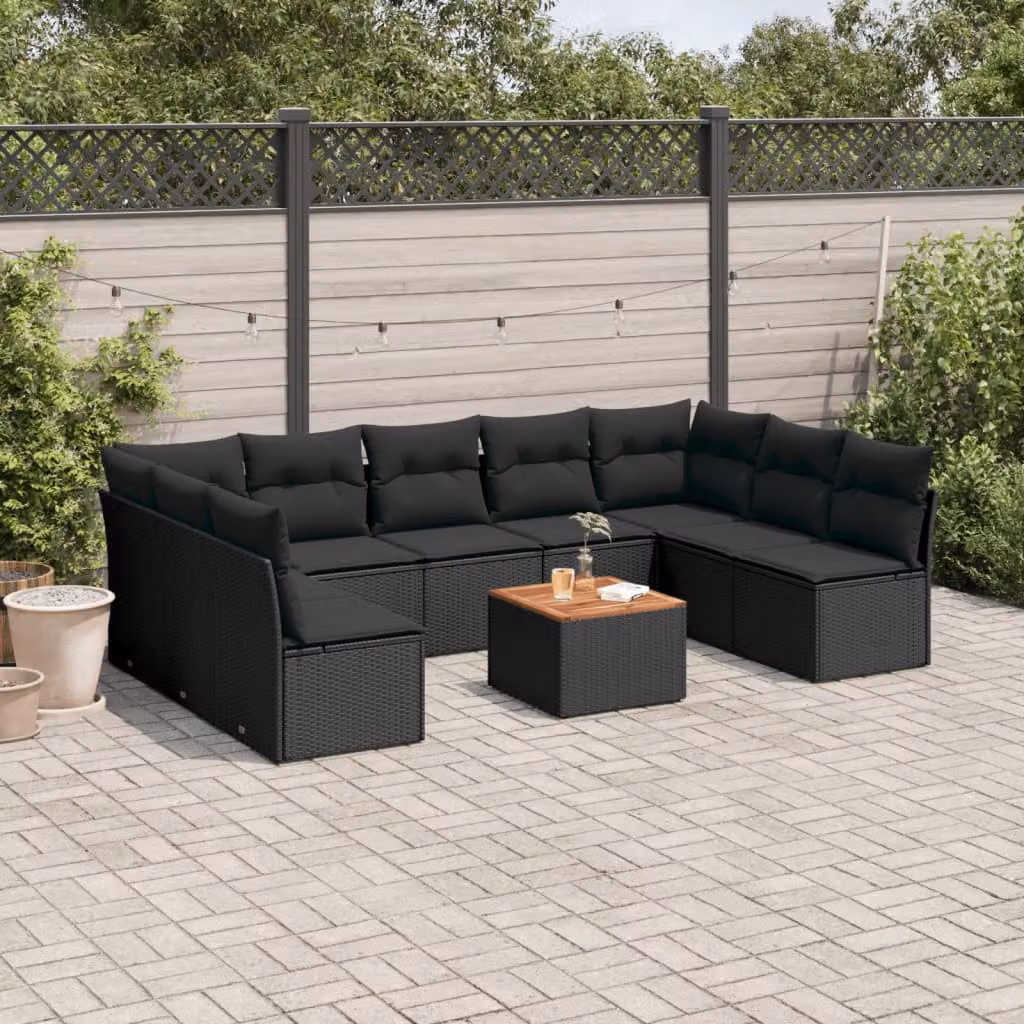 Set di Divani da Giardino vidaXL 10 Pezzi in Polyrattan Nero con Cuscini e Tavolino da Esterno a Forma di L – 1