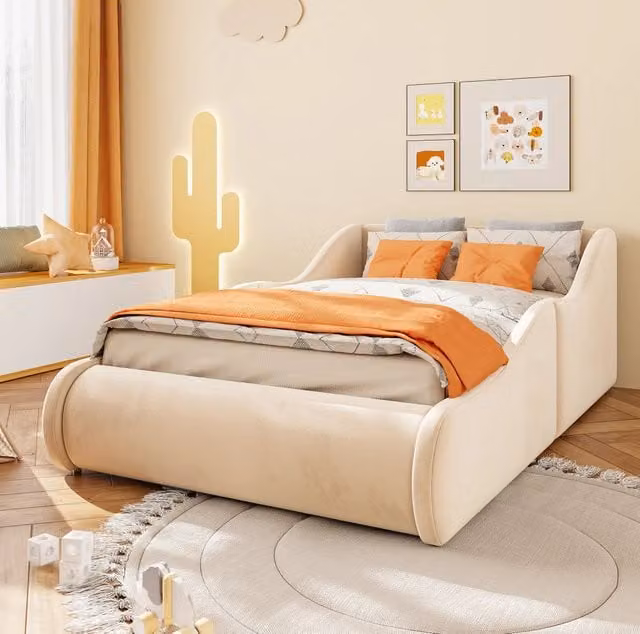 Letto imbottito per bambini 90x200 cm in velluto beige con testiera alta e protezioni laterali integrate
