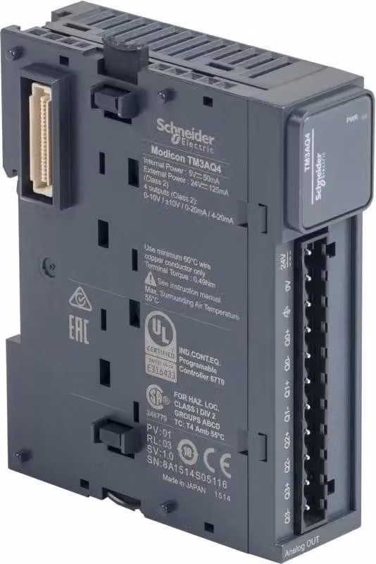 Schneider Electric Modulo di uscita analogica, Modicon TM3, 4 uscite, tensione/corrente, risoluzione 12 bit, terminali a vite TM3AQ4