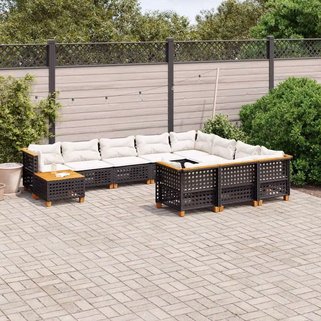 vidaXL Set Divani da Giardino 11 pz in Polyrattan Nero con Cuscini e Tavolino da Esterno – 1