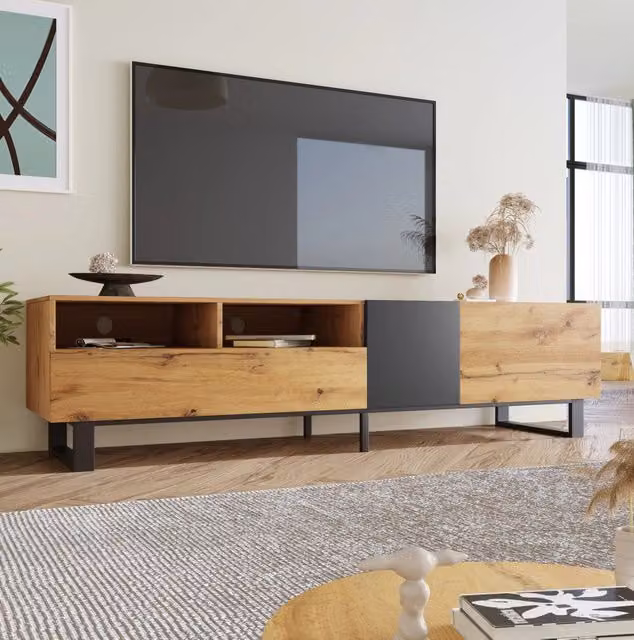Mobile TV 180 cm con 2 cassetti; 2 vani e porte a battente; MDF; nero/grigio