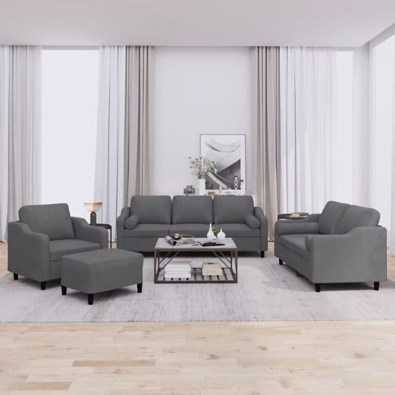 Set di divani moderno vidaXL in tessuto grigio composto da divano a 3 posti, divano a 2 posti, pouf e cuscini per soggiorno
