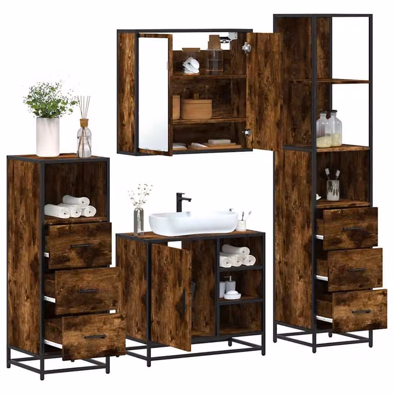 Set di mobili da bagno vidaXL 4 pezzi in stile industriale color marrone con armadietto specchio, mobile lavabo, mobile laterale e colonna alta in legno e metallo