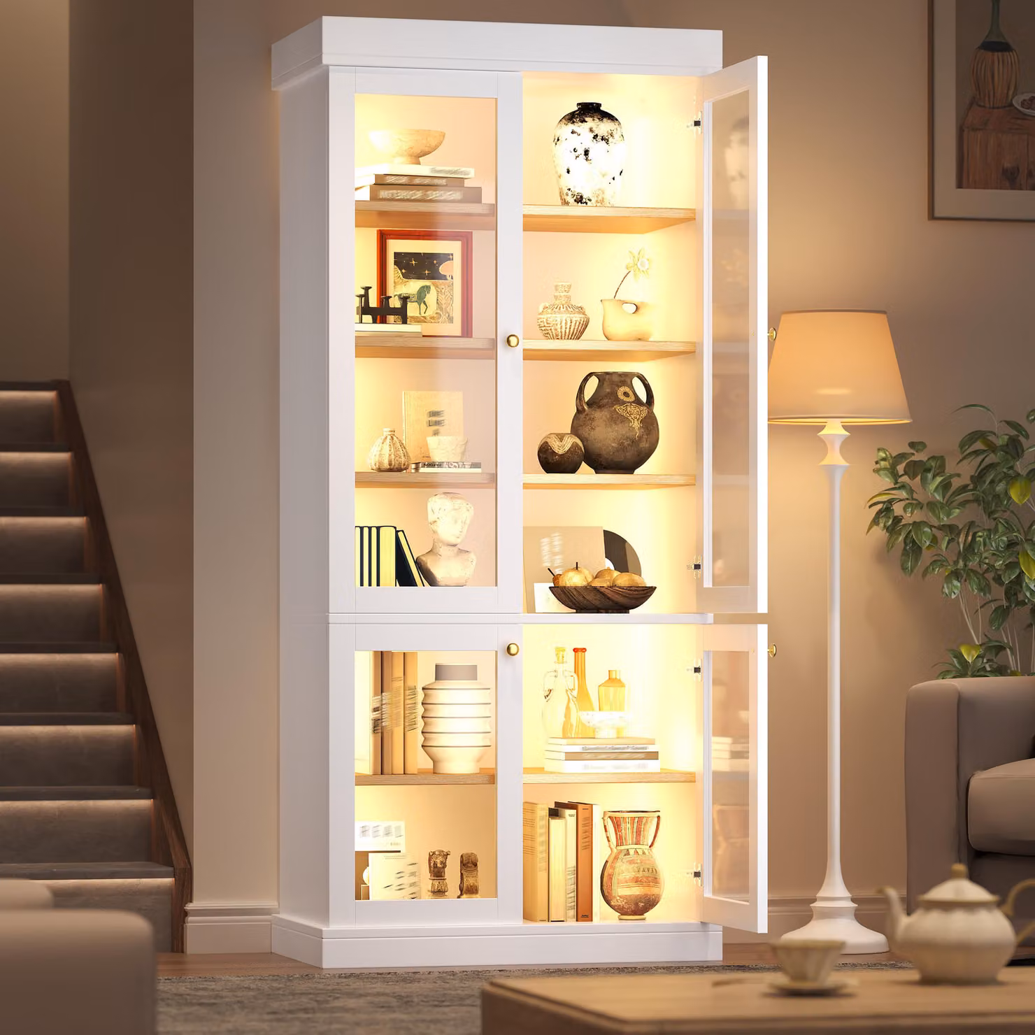 Mobiletto da cucina moderno Flieks, 180 cm di altezza, bianco, con illuminazione LED integrata per creare l'atmosfera desiderata. Mobiletto buffet, mobiletto alto autoportante, dimensioni 80x40x180 cm