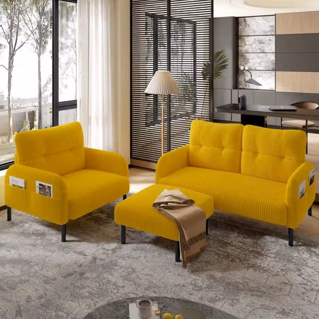 Set salotto moderno WISHDOR in velluto a coste giallo composto da divano a 2 posti, poltrona e pouf coordinato
