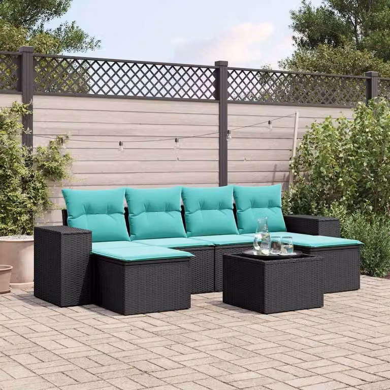 Set Divani da Giardino vidaXL 7 pz in Polyrattan con Cuscini e Tavolino, Design Moderno a L, Colore Nero e Blu